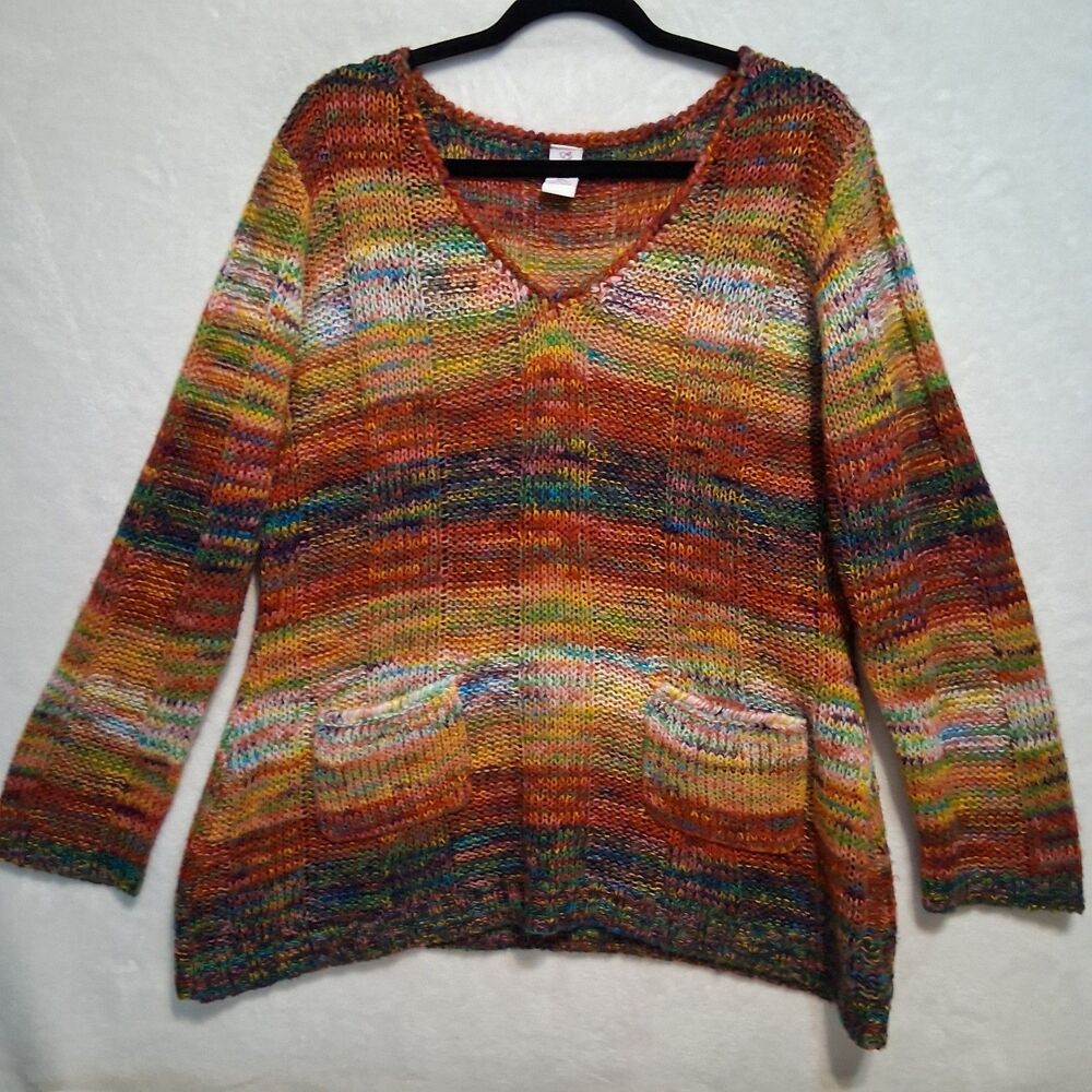 Bobby Brooks XL Sweater Open Knit Lightweight Rainbow Pockets Boho Classic Cozy